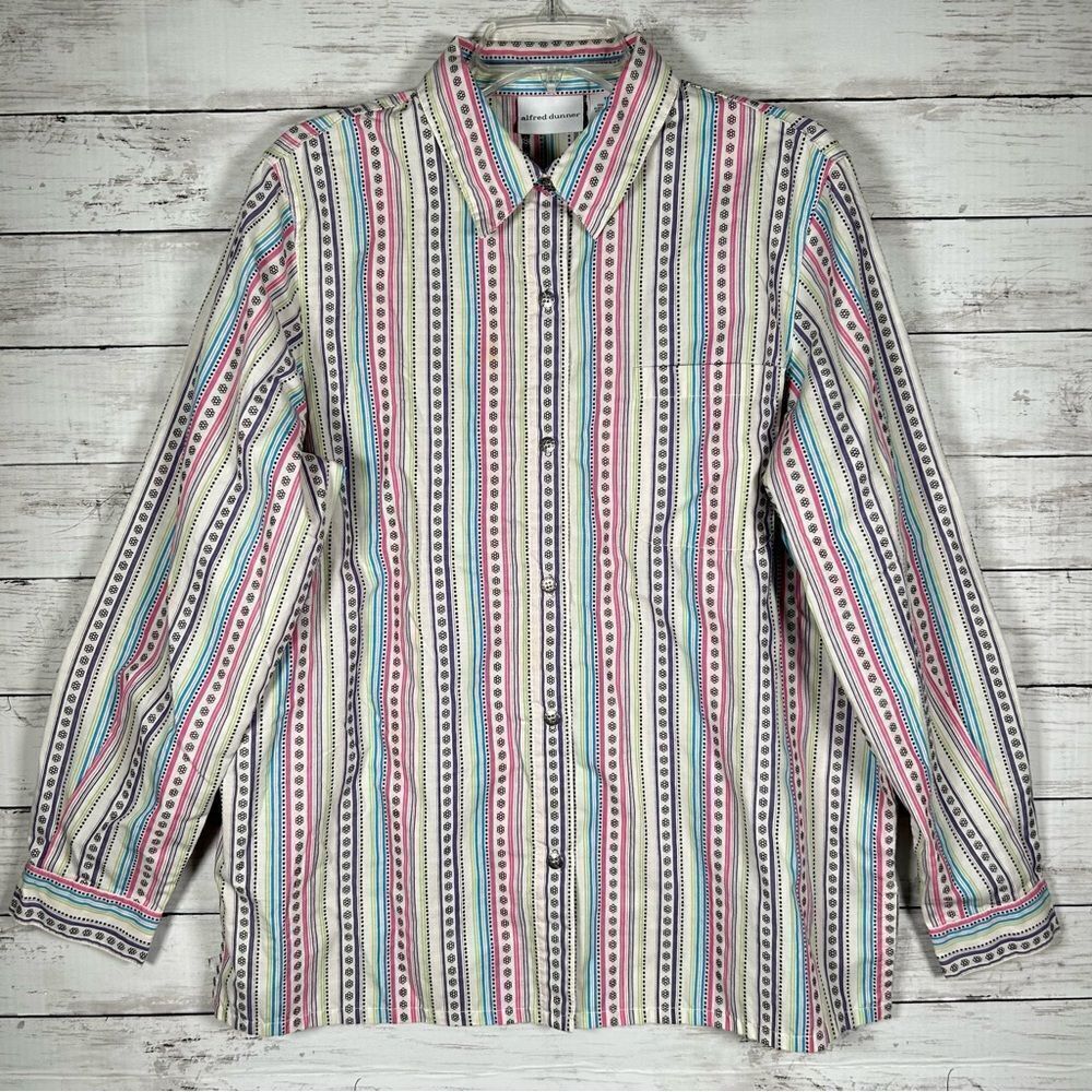 Alfred Dunner Whimsical Multi Stripe Button Up Shirt Cotton Poly Long Sleeve 18